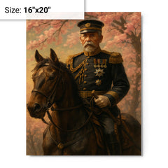 Akiyama Yoshifuru cavalry general under cherry ash metal print on a plain backdrop in size 16"x20".