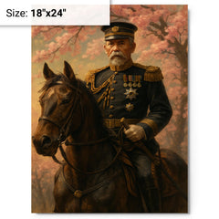 Akiyama Yoshifuru cavalry general under cherry ash metal print on a plain backdrop in size 18"x24".
