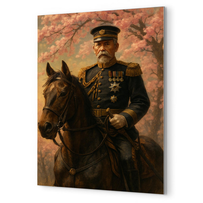 Akiyama Yoshifuru cavalry general under cherry ash metal print mockup