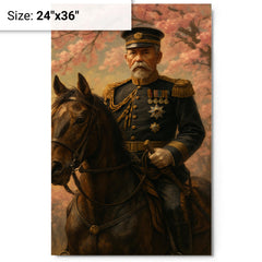 Akiyama Yoshifuru cavalry general under cherry ash metal print on a plain backdrop in size 24"x36".