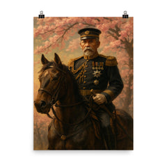 Akiyama Yoshifuru cavalry general under cherry ash poster on a plain backdrop in size 8"x10".
