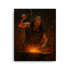 Akseli Gallen Kallela forging the Sampo amid sparks canvas print on a plain backdrop in size 16"x20".