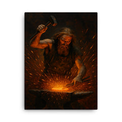 Akseli Gallen Kallela forging the Sampo amid sparks canvas print on a plain backdrop in size 18"x24".