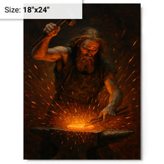 Akseli Gallen Kallela forging the Sampo amid sparks metal print on a plain backdrop in size 18"x24".