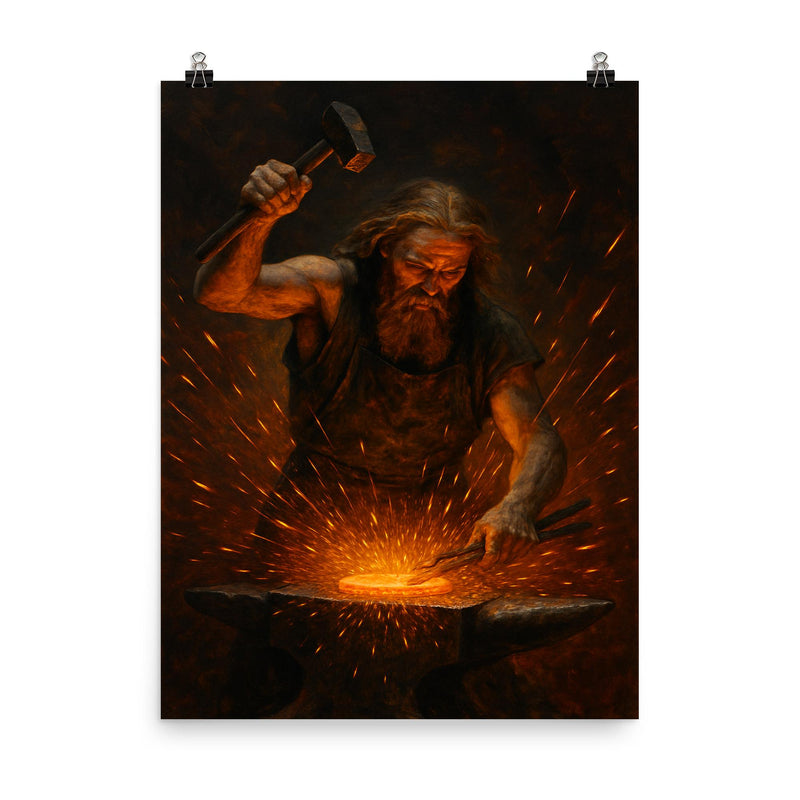 Akseli Gallen Kallela forging the Sampo amid sparks poster on a plain backdrop in size 8