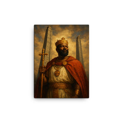 Aksumite king Ezana beneath carved stelae canvas print on a plain backdrop in size 12"x16".