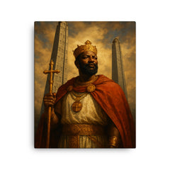 Aksumite king Ezana beneath carved stelae canvas print on a plain backdrop in size 16"x20".