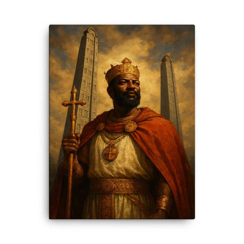 Aksumite king Ezana beneath carved stelae canvas print on a plain backdrop in size 18