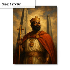 Aksumite king Ezana beneath carved stelae metal print on a plain backdrop in size 12"x16".