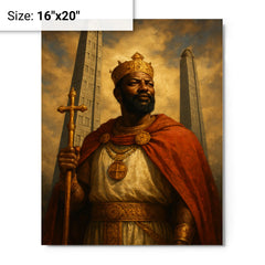 Aksumite king Ezana beneath carved stelae metal print on a plain backdrop in size 16"x20".