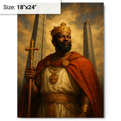 Aksumite king Ezana beneath carved stelae metal print on a plain backdrop in size 18"x24".