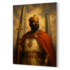 Aksumite king Ezana beneath carved stelae metal print mockup