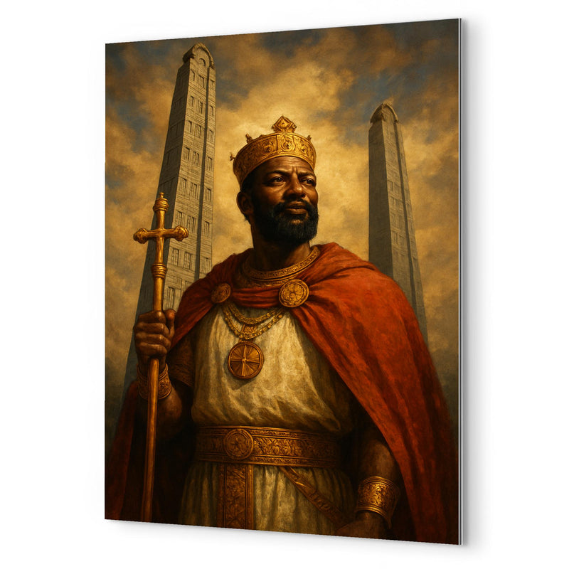 Aksumite king Ezana beneath carved stelae metal print mockup