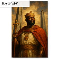 Aksumite king Ezana beneath carved stelae metal print on a plain backdrop in size 24"x36".