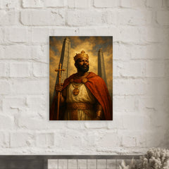 Aksumite king Ezana beneath carved stelae metal print mockup