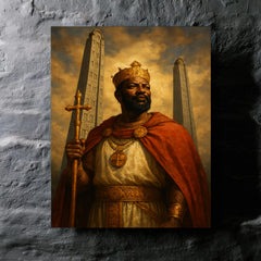 Aksumite king Ezana beneath carved stelae metal print mockup