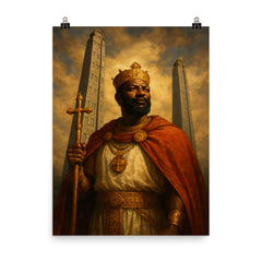 Aksumite king Ezana beneath carved stelae poster on a plain backdrop in size 8"x10".