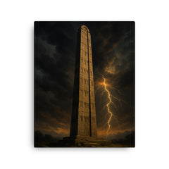 Aksumite obelisk beneath thunderous Ethiopian sky canvas print on a plain backdrop in size 16"x20".