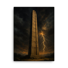 Aksumite obelisk beneath thunderous Ethiopian sky canvas print on a plain backdrop in size 18"x24".