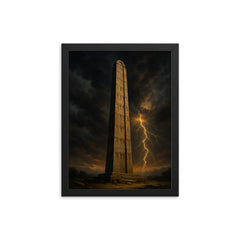 Aksumite obelisk beneath thunderous Ethiopian sky framed print on a plain backdrop in size 12"x16".