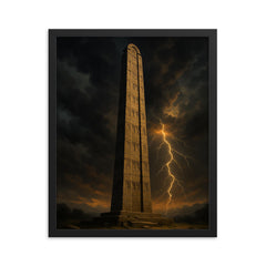 Aksumite obelisk beneath thunderous Ethiopian sky framed print on a plain backdrop in size 16"x20".