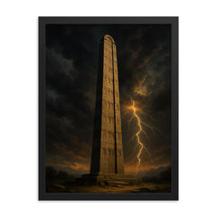 Aksumite obelisk beneath thunderous Ethiopian sky framed print on a plain backdrop in size 18"x24".