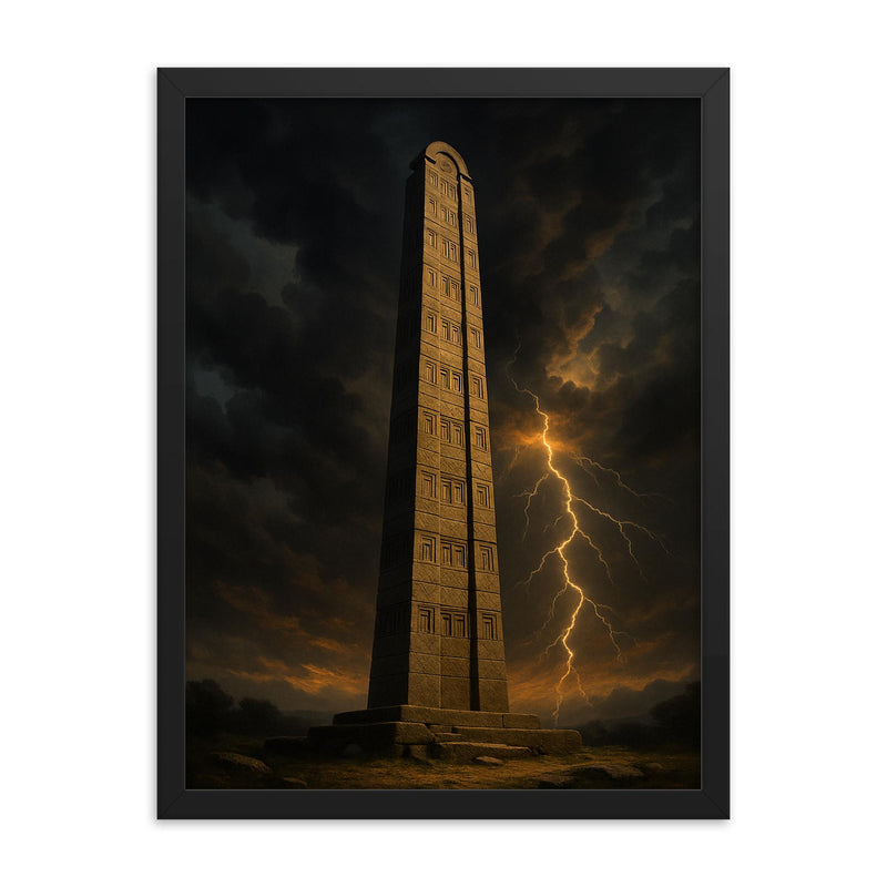 Aksumite obelisk beneath thunderous Ethiopian sky framed print on a plain backdrop in size 18