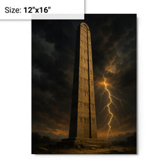 Aksumite obelisk beneath thunderous Ethiopian sky metal print on a plain backdrop in size 12"x16".