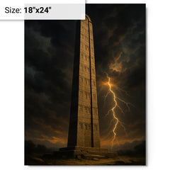 Aksumite obelisk beneath thunderous Ethiopian sky metal print on a plain backdrop in size 18"x24".