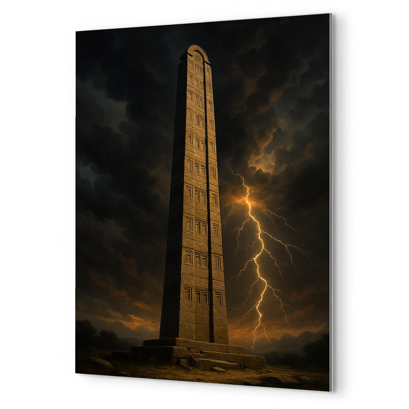 Aksumite obelisk beneath thunderous Ethiopian sky metal print mockup
