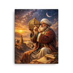 Al Biruni measuring Earth with astrolabe canvas print on a plain backdrop in size 16"x20".