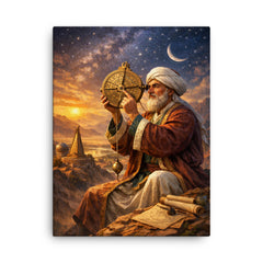 Al Biruni measuring Earth with astrolabe canvas print on a plain backdrop in size 18"x24".