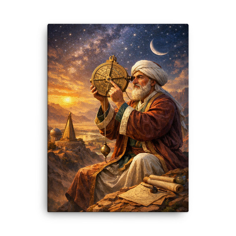 Al Biruni measuring Earth with astrolabe canvas print on a plain backdrop in size 18