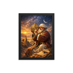 Al Biruni measuring Earth with astrolabe framed print on a plain backdrop in size 12"x16".