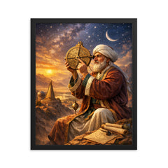 Al Biruni measuring Earth with astrolabe framed print on a plain backdrop in size 16"x20".