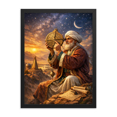 Al Biruni measuring Earth with astrolabe framed print on a plain backdrop in size 18"x24".