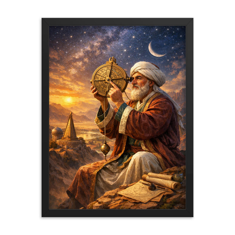 Al Biruni measuring Earth with astrolabe framed print on a plain backdrop in size 18