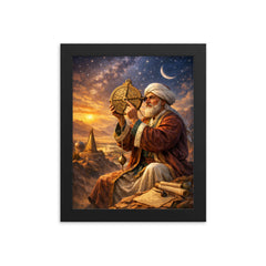 Al Biruni measuring Earth with astrolabe framed print on a plain backdrop in size 8"x10".