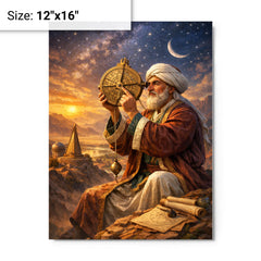 Al Biruni measuring Earth with astrolabe metal print on a plain backdrop in size 12"x16".