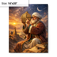 Al Biruni measuring Earth with astrolabe metal print on a plain backdrop in size 16"x20".