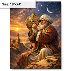 Al Biruni measuring Earth with astrolabe metal print on a plain backdrop in size 18"x24".