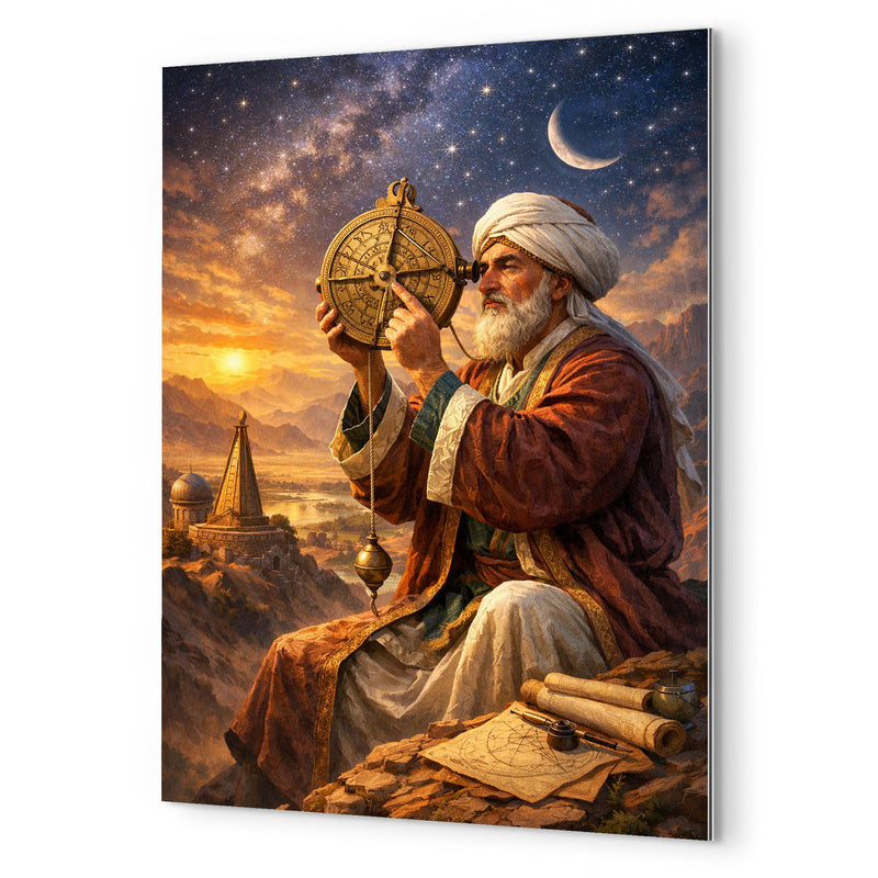 Al Biruni measuring Earth with astrolabe metal print mockup