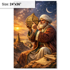 Al Biruni measuring Earth with astrolabe metal print on a plain backdrop in size 24"x36".