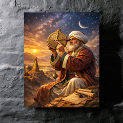 Al Biruni measuring Earth with astrolabe metal print mockup
