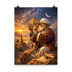 Al Biruni measuring Earth with astrolabe poster on a plain backdrop in size 8"x10".