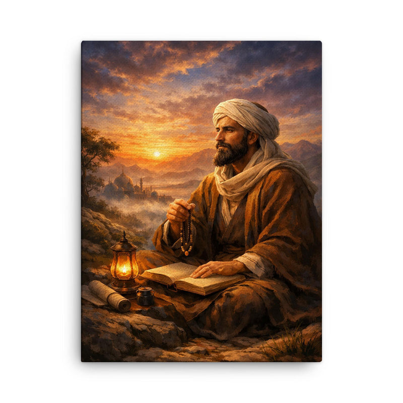 Al Ghazali after spiritual crisis at dawn canvas print on a plain backdrop in size 18