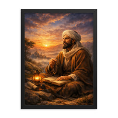 Al Ghazali after spiritual crisis at dawn framed print on a plain backdrop in size 18"x24".