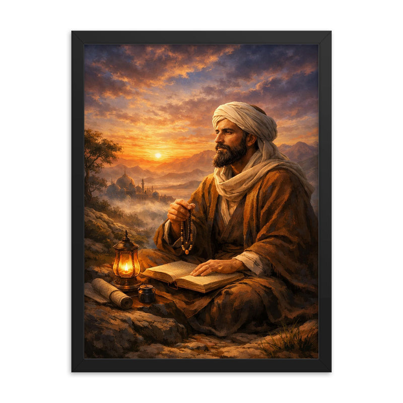 Al Ghazali after spiritual crisis at dawn framed print on a plain backdrop in size 18