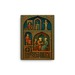 Al Jazari automaton workshop cross section in jeweled detail canvas print on a plain backdrop in size 12"x16".
