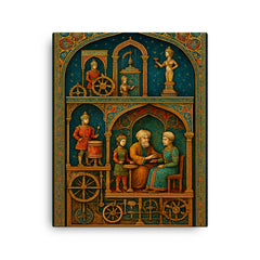 Al Jazari automaton workshop cross section in jeweled detail canvas print on a plain backdrop in size 16"x20".